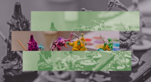 grafika z kompozycją zdjęcia miniatury do gry i kolorowych pask&oacute;w
