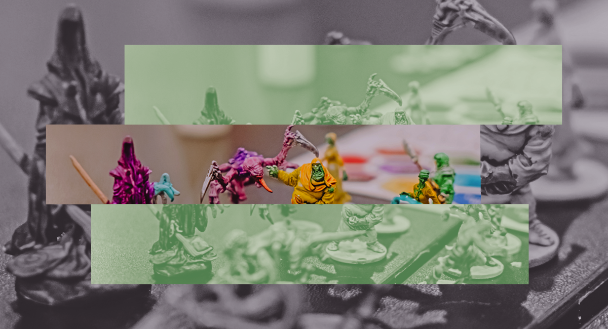 grafika z kompozycją zdjęcia miniatury do gry i kolorowych pasków